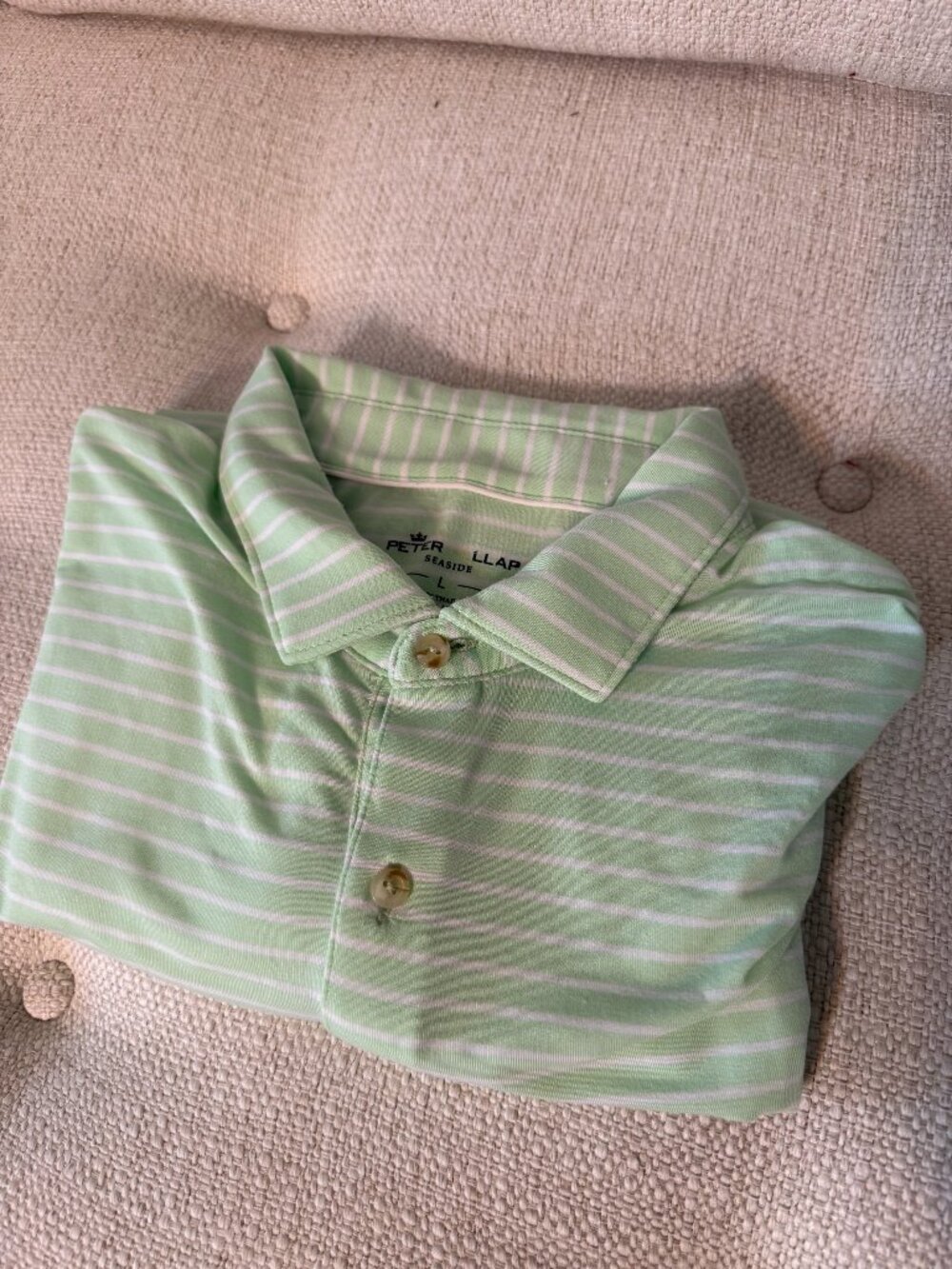 Peter Millar men's lime green/white striped polo/golf shirt - Size large.